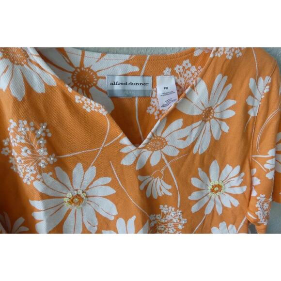 Alfred Dunner Short Sleeve Top PM Floral Sequin Petite Orange White Summer - Picture 2 of 8